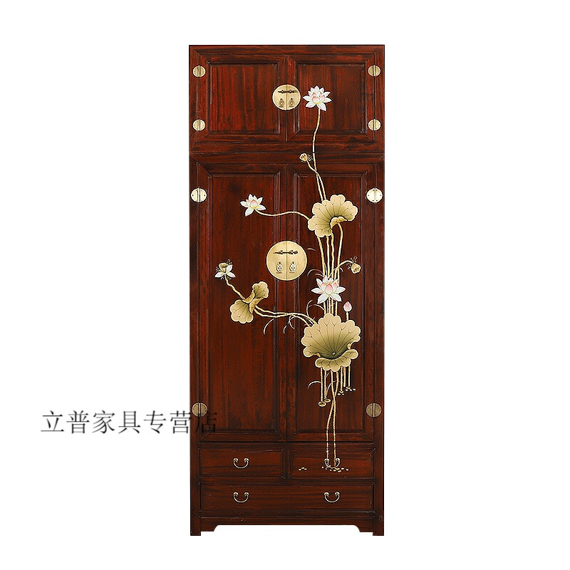 實木衣柜全實木新中式臥室全實木衣柜簡約現代衣櫥新中式手繪香樟木衣柜家用臥室雙門大衣櫥儲物防蟲蛀立柜子 花梨色荷花頂箱柜100*55*240 2門 整裝
